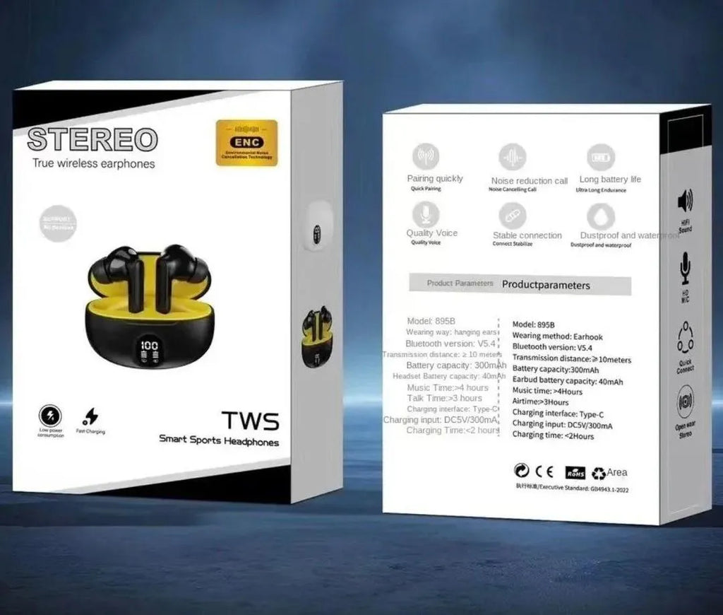 Premium Wireless Earbuds Black Yellow Bluetooth 5.3 (view 4)