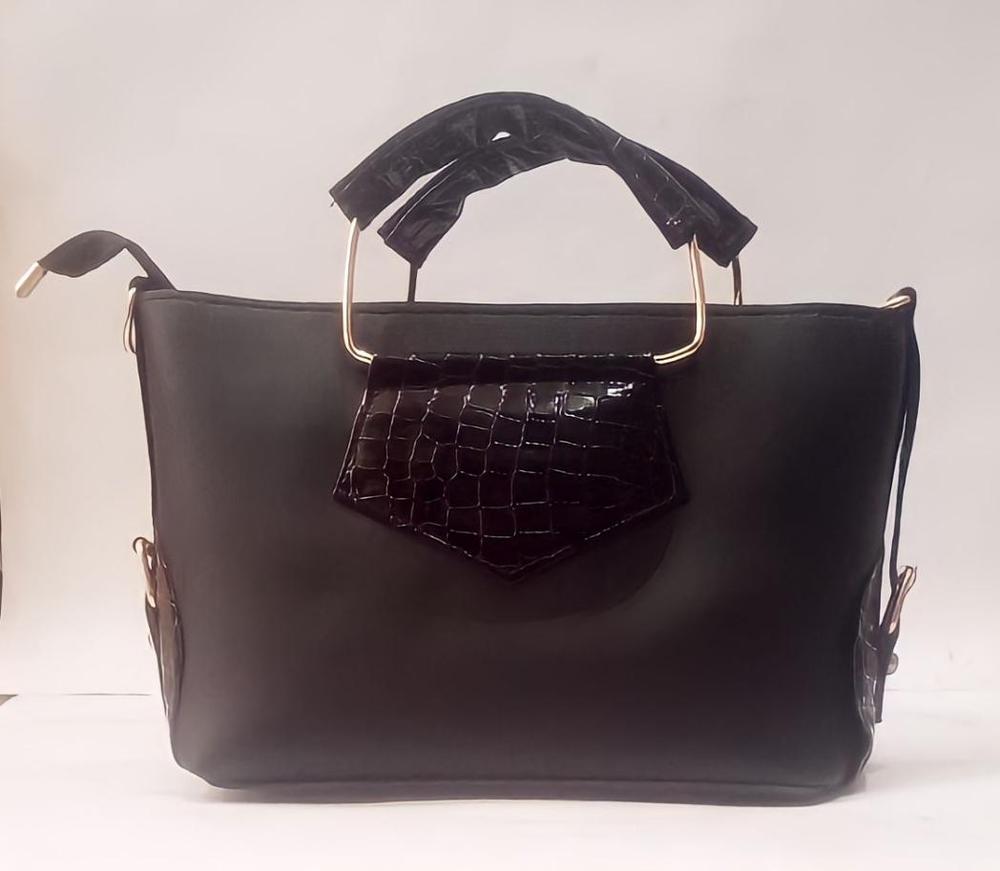 Black croc handbag gold hardware detail view