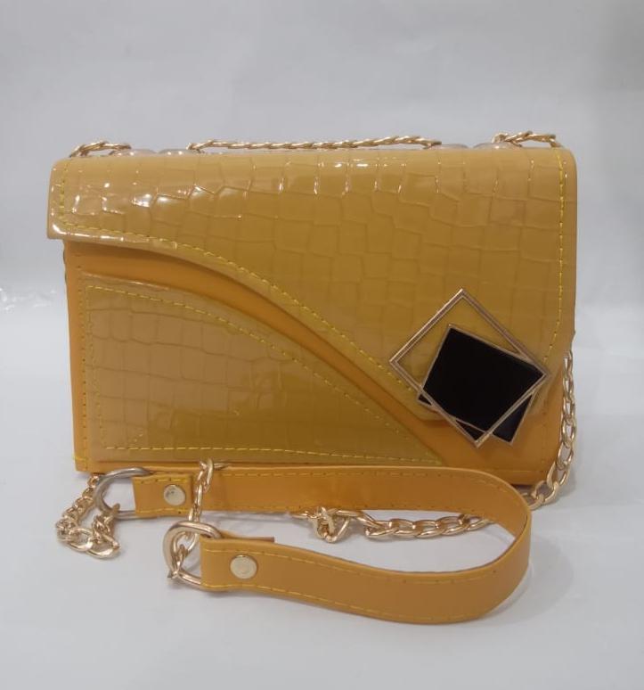 Mustard handbag with gold chain strap - full view