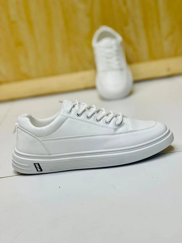 White textured rexene sneakers for men – side profile