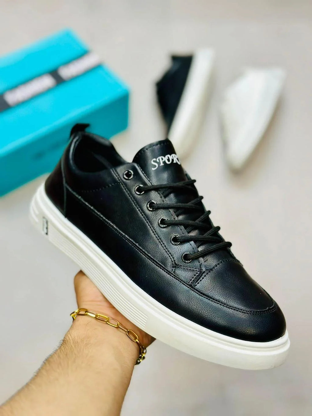 Black Rexine casual men's sneakers – side view