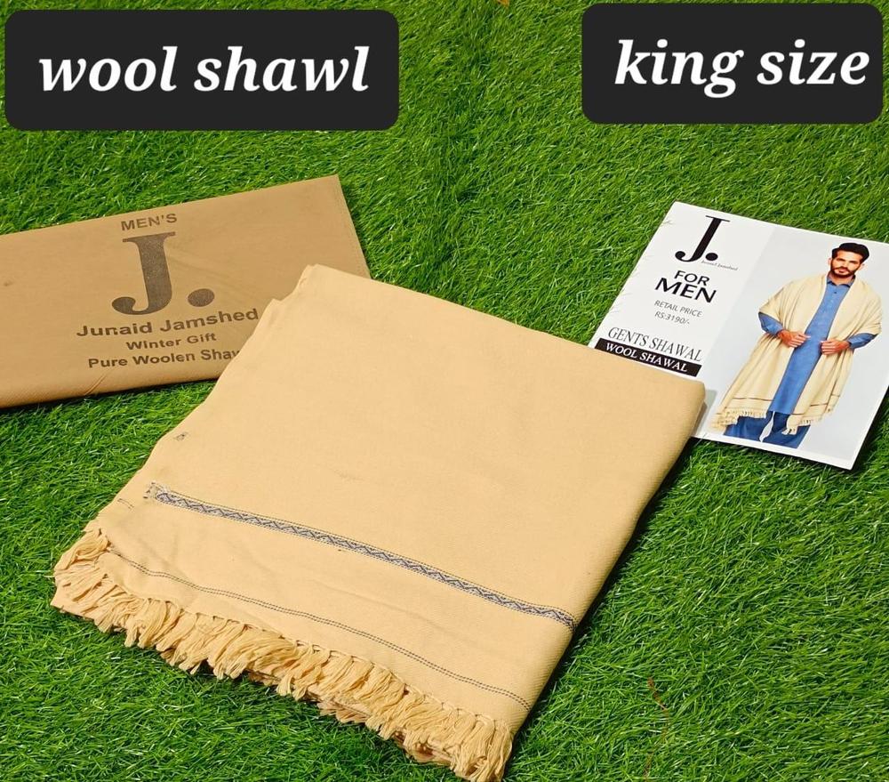 Men's beige wool shawl with fringed edges - full view