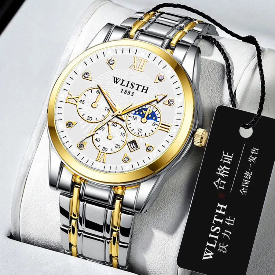 Men's luxurious gold steel watch with luminous dial – front view