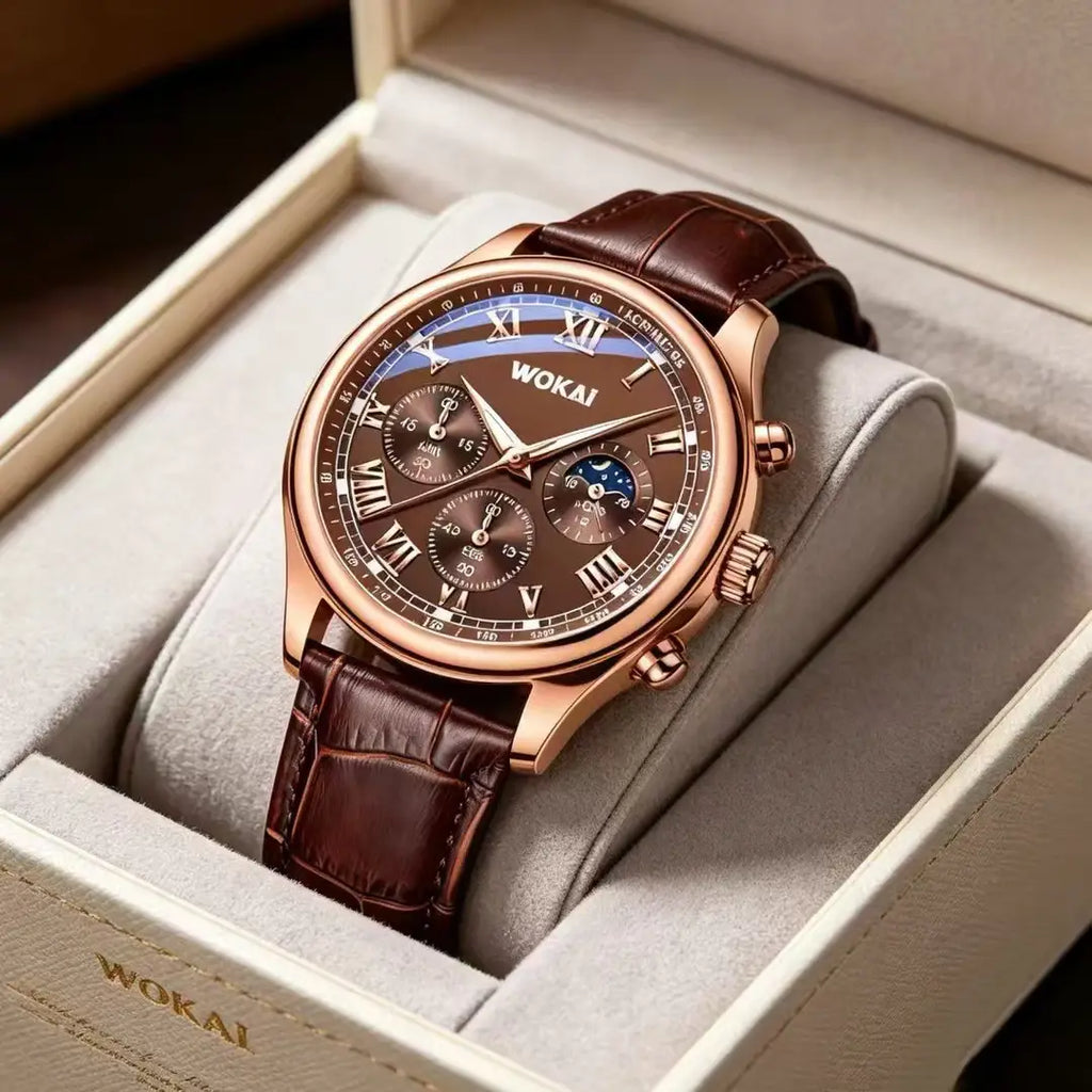 Wokai men's business quartz watch with brown leather strap, china import - angle view