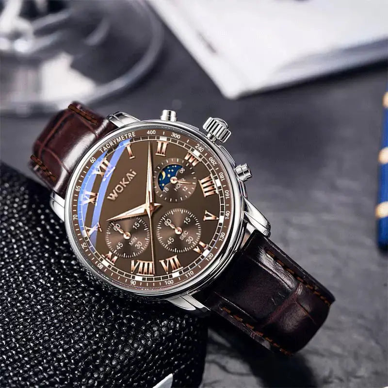 Wokai men's business quartz watch with brown leather strap, china import - close-up detail