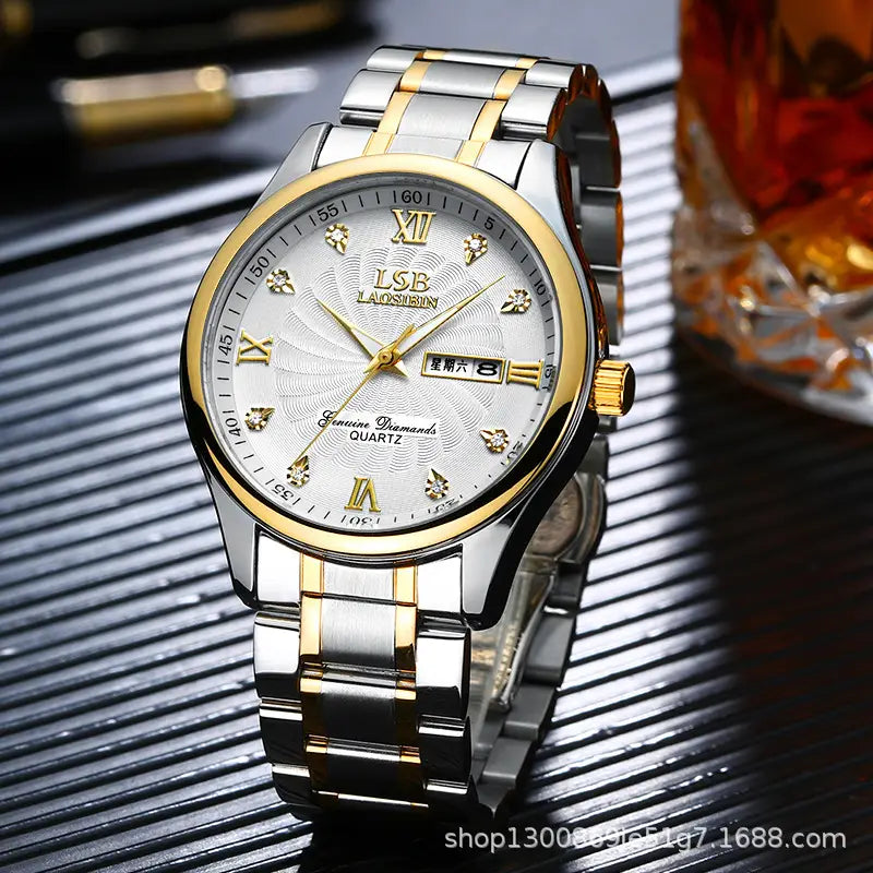 Men's gold stainless steel quartz watch detail