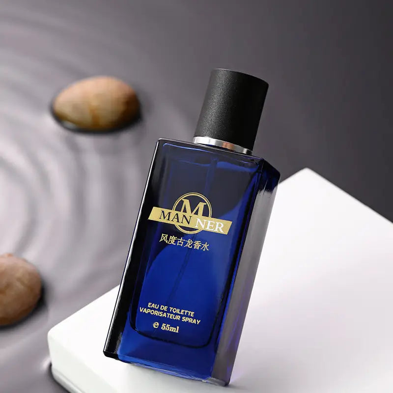 Men's blue fragrance perfume – bottle side view