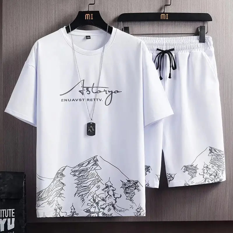 Men's snow mountain print t-shirt suit - full set view