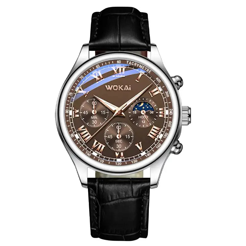Wokai men's business quartz watch with brown leather strap, china import - lifestyle view