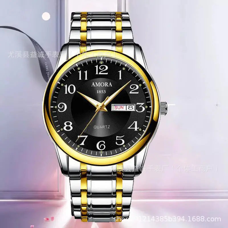 Men's gold and silver mechanical watch, china import - angle view