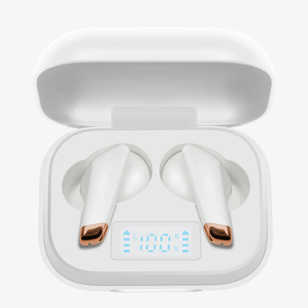 Wireless earbuds digital battery display close-up