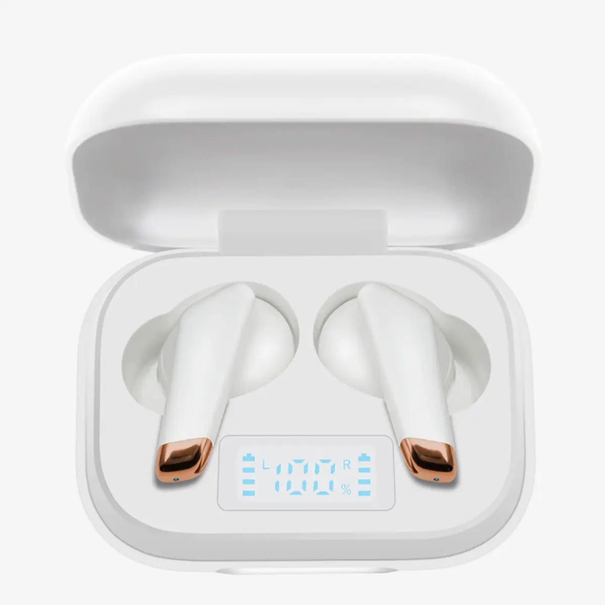 Wireless earbuds digital battery display close-up